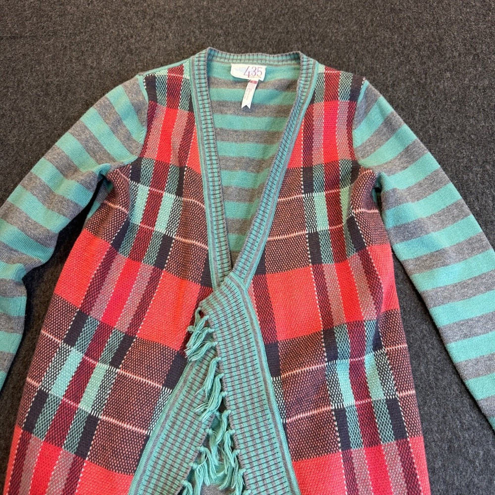 Matilda Jane Steadfast Open Front Cardigan Plaid Striped Fringe Teal Girls Sz 8 - Picture 3 of 16